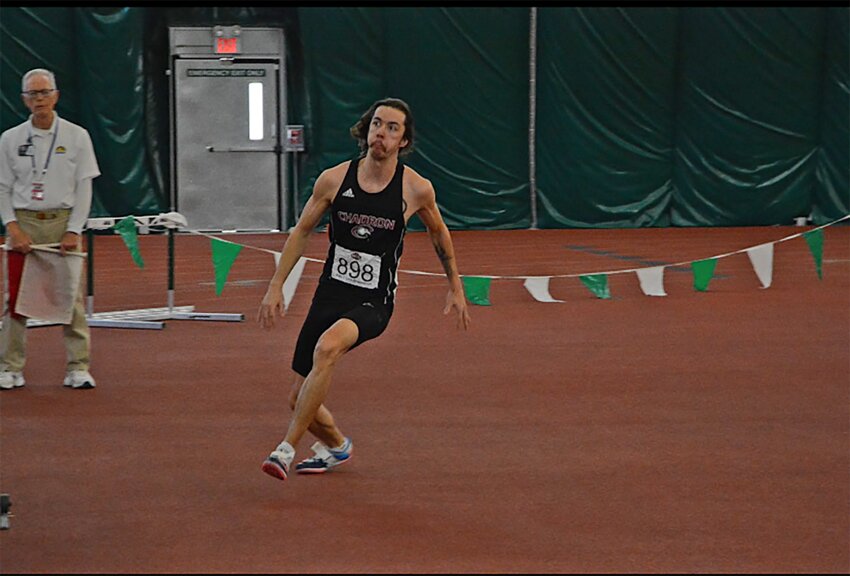 2019 NCHS alumni Alec Penfield attempts a high jump at an indoor track and field meet for Chadron State College.