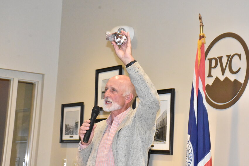 John Voight, owner of the Sunrise Mine Historic District, gives an enlightening presentation before the Goshen County Historical Society on Tuesday evening.