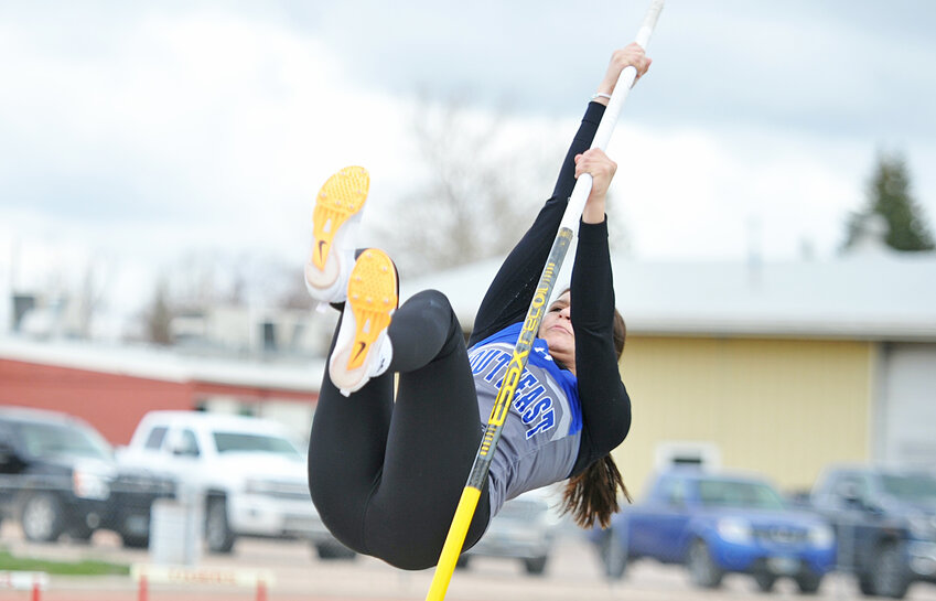 Junior Angie Logsdon, pictured at the Niobrara County High School Invitational, won the pole vault at the SEWAC Championships on May 4.