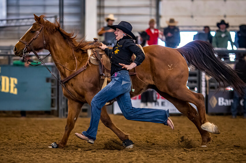 Eastern Wyoming College freshman RaeLee Caldwell, pictured at the CSU Rodeo in April, qualified to compete in goat tying at the CNFR in Casper in June.