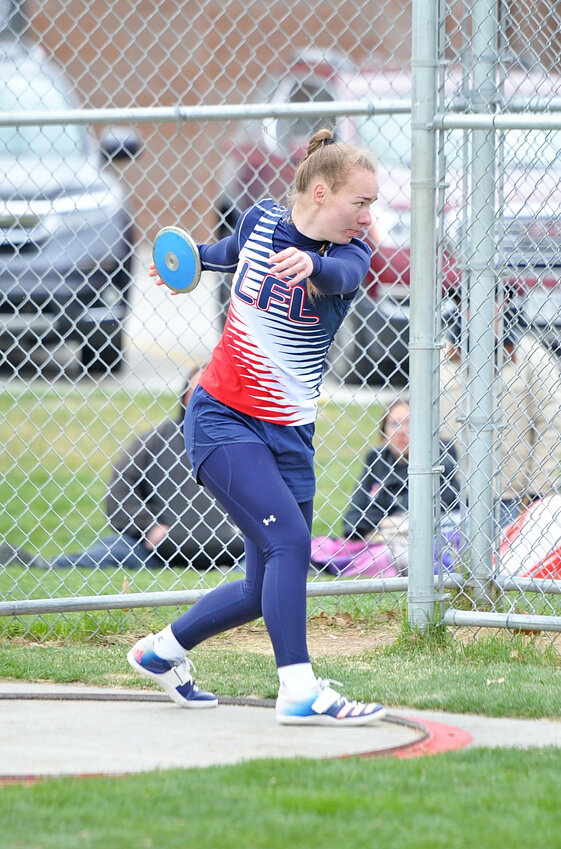 Lingle-Fort Laramie senior Izzy Spears winds up the discus at the Best of the West Invite in Scottsbluff in April. Spears prequalified for state in the discus.