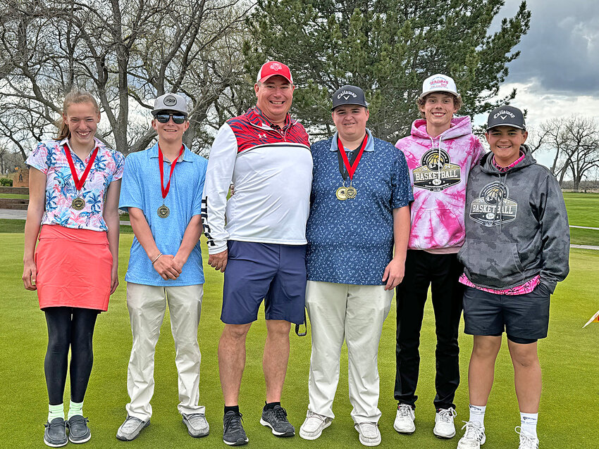 The NCHS golf team wrapped up its season at the spring championships in Torrington on May 10. Pictured, from left, are Franscheska Bannan, Aubrey Manning, coach Ed Fullmer, Camden Rose, Jackson Smith and Hudson Leimser.