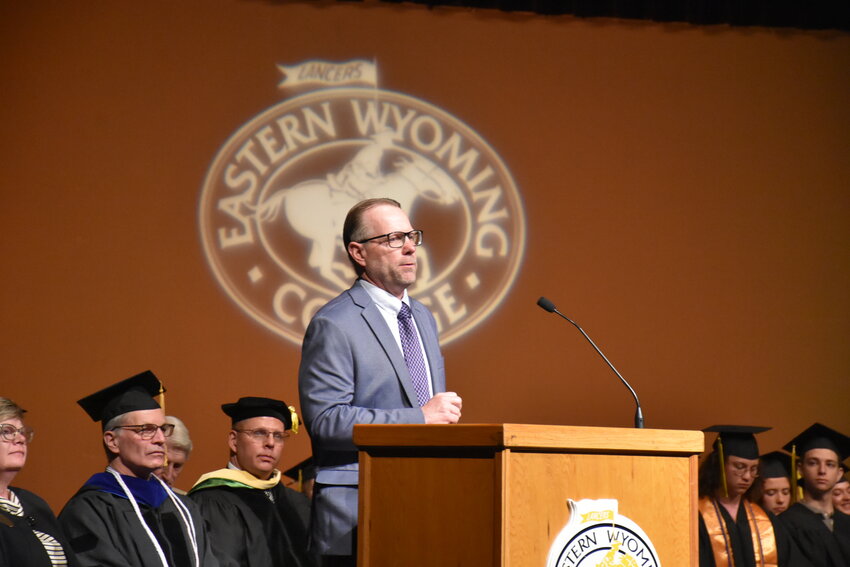EWC’s 2024 Distinguished Alumni recipient, Dr. Eric Wodahl, addresses the college’s graduating class Friday morning.