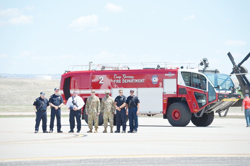Members of the Camp Guernsey Fire Department posed with leadership at the groundbreaking. Pictured are firefighters Colton Roark (l-r), Captain Aaron Kamm, Chief Chad Brush, Maj. Gen. Greg Porter – The Adjutant General of Wyoming, Colonel James Ezell – Wyoming National Guard Construction & Facilities Management Officer, firefighters Luke Hansen and Greg Klassen.