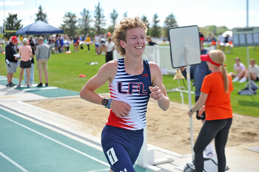 robert galbreath/torrington telegram
Sophomore Sullivan Wilson crosses the finish line for the 3200-meters at state track. Wilson captured gold in both the 3200-  and 1600-meters to secure all-state awards.
