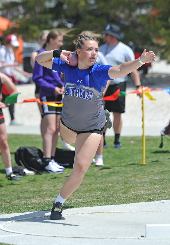 Senior Harper Boche spins into her shot put throw on Friday at state track in Casper. Boche garnered gold in both the shot put and discus, earning all-state honors and tying the 3A class record in the shot put.
