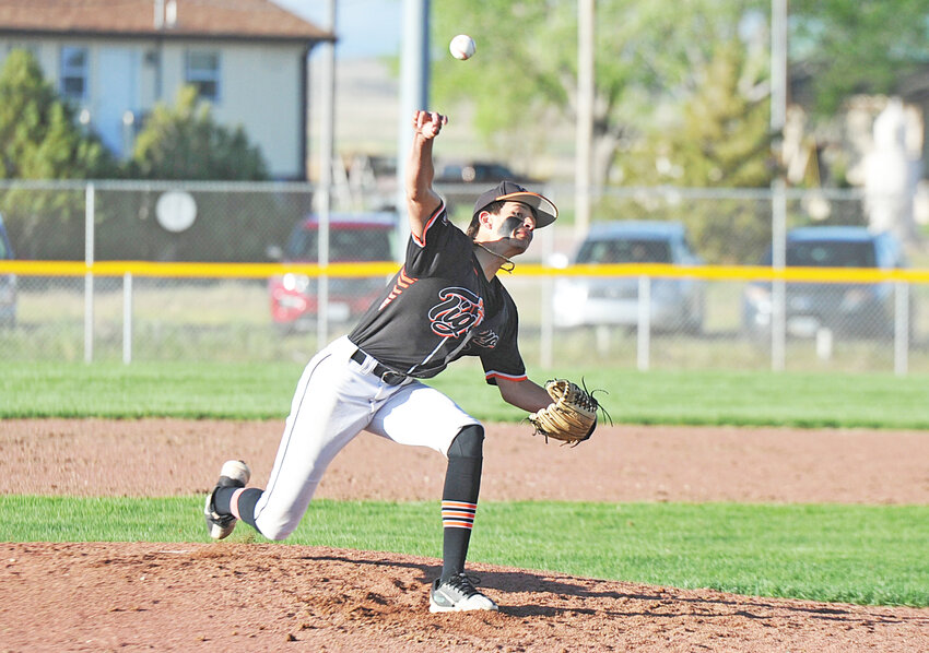 Landre Greiman delivers a pitch against the WESTCO Zephyrs at the Torrington Tigers’ home opener on Tuesday, May 21.