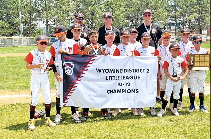 The Torrington Little League majors all-stars team poses after defeating Laramie on July 20. The team includes Owen Curry, Case Gonzalez, Hudson Hoffman, Alarik Leo, Chase Moeller, Patrick Mortimore, Caden Ryall, Owen Shimic, Parker Shimic, Preston Stratton, Gunner Werning and Tyzik Wunder and coaches Rob Mortimore, Grant Curry and Jeff Ryall.