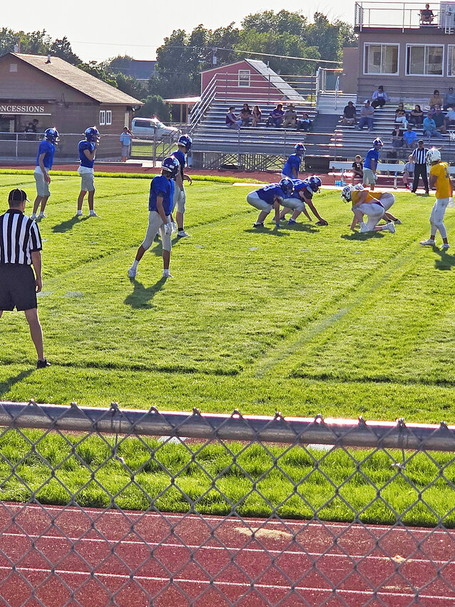 The Southeast High School Cyclones’ O-line steps up to the line of scrimmage against Pine Bluffs on August 30. The Cyclones and Lingle-Fort Laramie Doggers both traveled to Pine Bluffs for a series of scrimmages before the regular season gets underway this Friday.