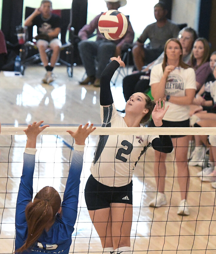 Junior Brooklyn Asmus spikes a kill against an opponent at the Rawlins Invite over the weekend. Asmus tallied 22 kills over the weekend.