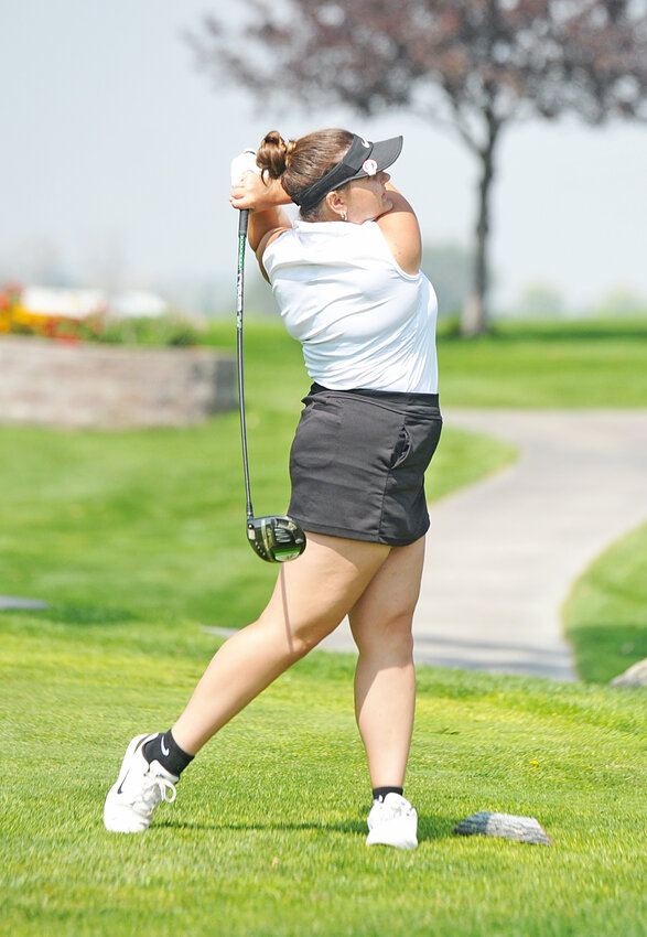 Senior Kaleigh Waymire, pictred at the Torrington Invite on September 5, snagged 3A all-conference honors at regionals on Friday.