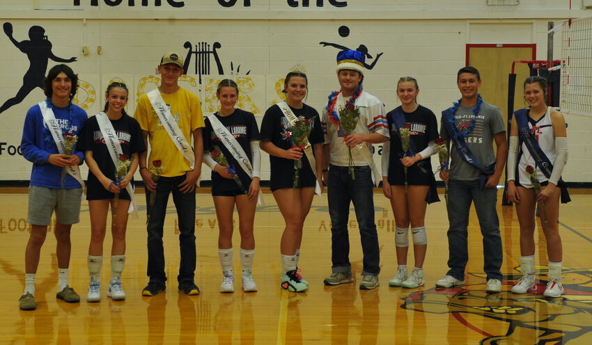 The 2024 Lingle-Fort Laramie High School Homecoming Royalty. Pictured, from left, are Senior Attendant Nathan Fish, Senior Attendant Addison Scott, Junior Attendant Brayden Posten, Junior Attendant Skyla Wunder, Queen Brenly Shipp, King Louden Bremer, Sophomore Attendant Addisyn Wilkins, Freshman Attendant Lincoln Speckner and Freshman Attendtant Shaylynn Wunder. Sophomore Attendant Mason Unverzagt was competing at the state golf tournament.