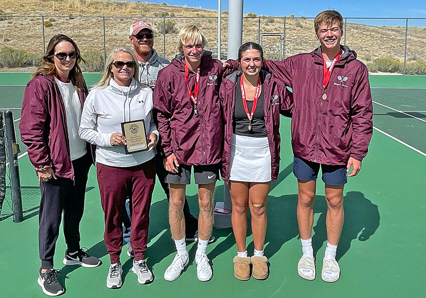 Three members of the THS tennis team captured top-four placings at the regional tournament in Green River while head coach Lauren Shields was named conference coach of the year. Pictured, from left, are coaches Andrea Matlock, Lauren Shields and Curtis Birkley and seniors Elijah Hatch, Madix McIntosh and Skyler Thomas.