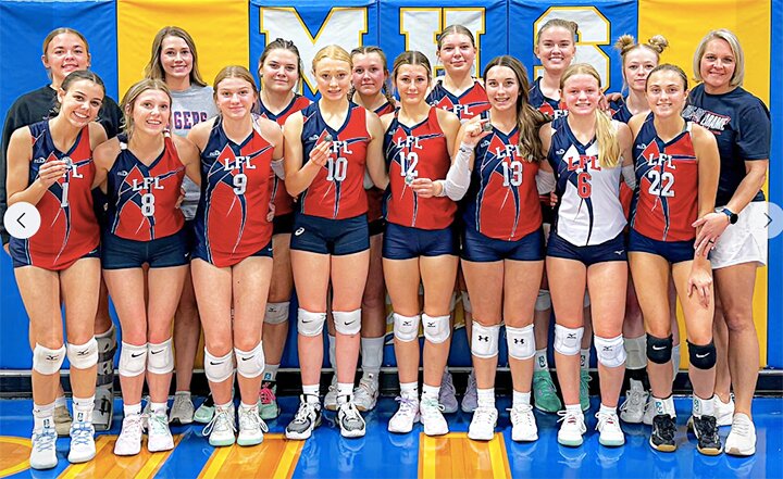 The LFL Lady Doggers celebrate placing second at the Morrill tournament on Saturday. Pictured in back, from left, are manager Payton Forkner, coach Makenna Miller, Brenly Shipp, Hallie Fuller, Charlotte Speckner, Alisha McGraw, Kynzi Thomas and coach Emily Cottrell. Front row, from left, are Addison Scott, Rylea Joyce, Addisyn Wilkins, Jordynn Speckner, Skyla Wunder, Anna Frederick, Kenzi Wilkins and Grace Gibson.