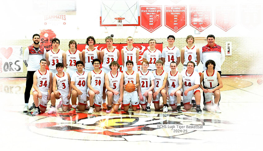 The 2024-2025 Niobrara County High School Tigers basketball team. Pictured in back row, from left, are assistant coach Reece Andre, Raynce Brott, Nathan Miller, Quintin Bieri, Colton Bracklesburg, Jackson Smith, Ridge Kupke, Brady Swisher, Isaac Assman and head coach Ed Fullmer. In front, from left, are Charlie Gaukel, Kayden Goodwin, Hudson Leimser, Joaquin Cassiano, Ryan Youngquist, Corbin Matthews, Conner Luker, JayDe Assman, Colt Peterson, Skyler Daniels and Arnan Walker.