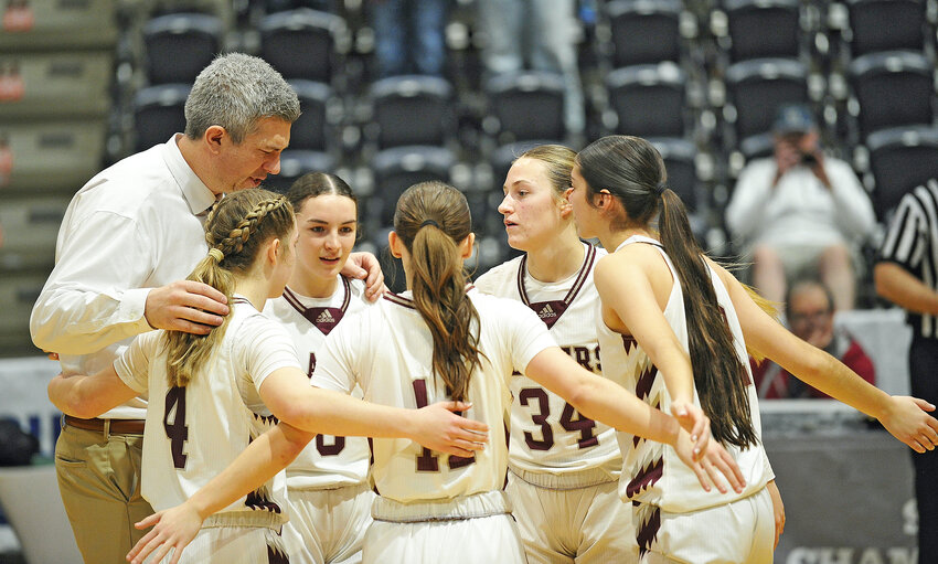 The Lady Blazers starters and head coach Chris Strampe, far left, take a moment before playing Lander in the quarterfinals at the 3A state tournament. Pictured, from left, are junior Natalie Long, senior Olive Osmera, senior Jaycee Hurley, senior Teryn Stokes and junior Kennedy Reinhardt.