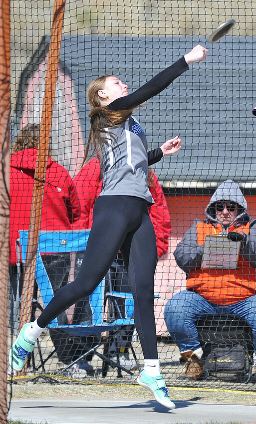 Junior Hadley Leithead, pictured above at the Bayard meet in early April, won the discus at the Burns Invitational on April 17 with a toss of 109-09.