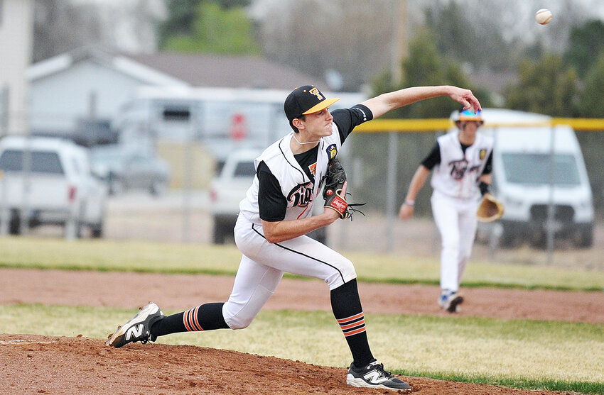 Torrington’s Mac Hibben delivers a powerful pitch during the third inning of the Tigers ‘A’ home opener against Laramie on Wednesday, April 23. Hibben struck out nine over the course of four innings.