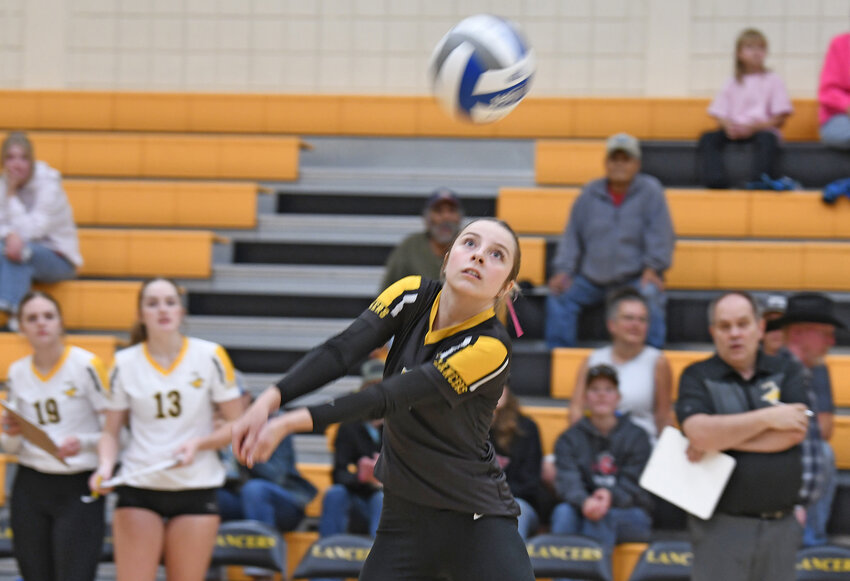 EWC’s Boden Liljedahl bumps the ball over the net during a Lady Lancers game in 2024. EWC will host its annual volleyball camp for youth going into sixth through ninth grade from July 28-30.