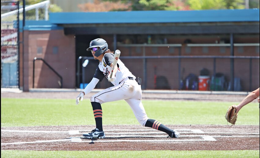 Landre Greiman hits the ball for the Blazers against Wheatland at the Cheyenne Triangular on Saturday, May 31. Greiman collected three hits and two RBI in the game against the Lobos.