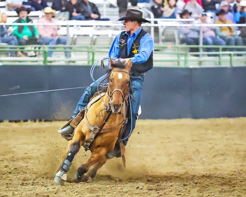 EWC graduate Carter Anderson, pictured above at a rodeo during the 2024-2025 season, will represent the Lancers rodeo team in team roping at the College National Finals Rodeo in Casper in two weeks.