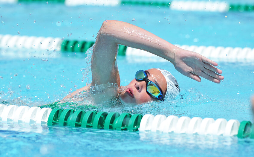 Jaylynn Grant sets the pace in the girls’ 200-yard freestyle at the Torrington Sharks home meet on Saturday, June 7. Grant placed fifth in the long-distance event consisting of eight laps of the pool with a time of 3:35.98 (13-14-year-old division).