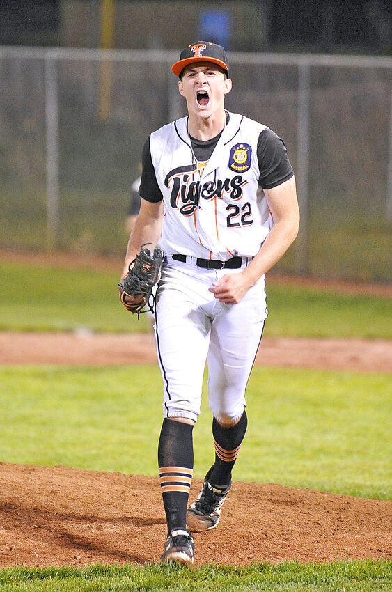 Mac Hibben celebrates moments after striking out a Riverton runner in the top of the ninth inning of the tiebreaker game against Riverton on Friday evening. The leftie pitcher played an exceptional weekend for the Tigers from the mound. Hibben went on to strike out 15 during the game against Rocky Mountain, surrenduring zero hits and runs.