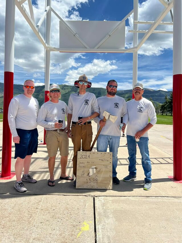Torrington City resets the state record on the Cellar Contest during last year’s convention in Afton. Axe – Mike Lira, stuffer – Cody Scott, breaker – Brandon Gasseling, clamp – Seth Norris and plug – Albert Lira.