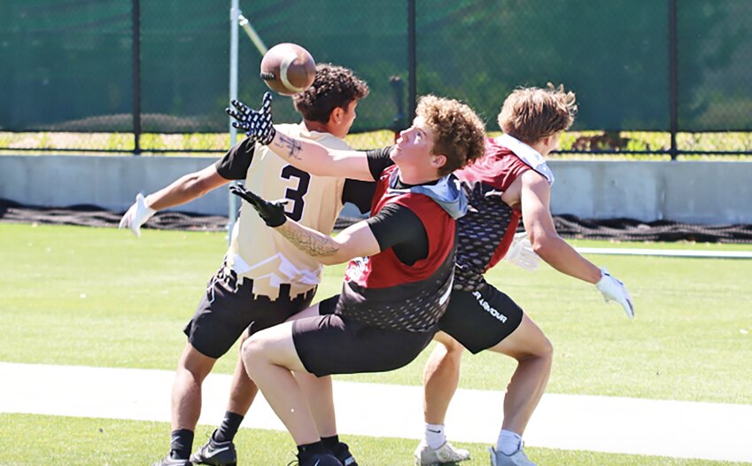 THS senior Holden Hackett catches a pass from a teammate during the 7-on-7 tournament the Blazers competed in at the home of the CSU Rams in Fort Collins, Colorado, on June 1.