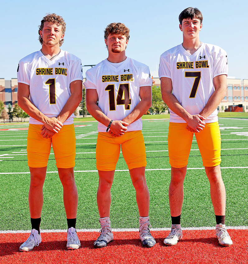 Three high school graduates represented Goshen County at the 52nd Annual Shrine Bowl all-stars football game in Casper on Saturday, June 14. Pictured, from left, are Ryan Moorehouse (Torrington High School), Louden Bremer (Lingle-Fort Laramie) and Mac Hibben (Torrington).