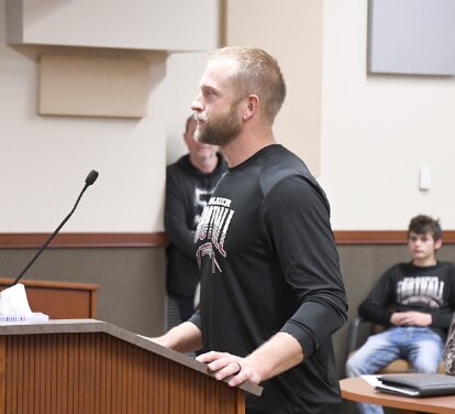 Torrington’s fifth-year head coach Russell Stienmetz speaking to the council as they honor the Torrington High School Football team. On Tuesday, Nov. 21, the council recognized the team for their win in the 2A State Championship. “I’m proud of these boys,” Stienmetz said.