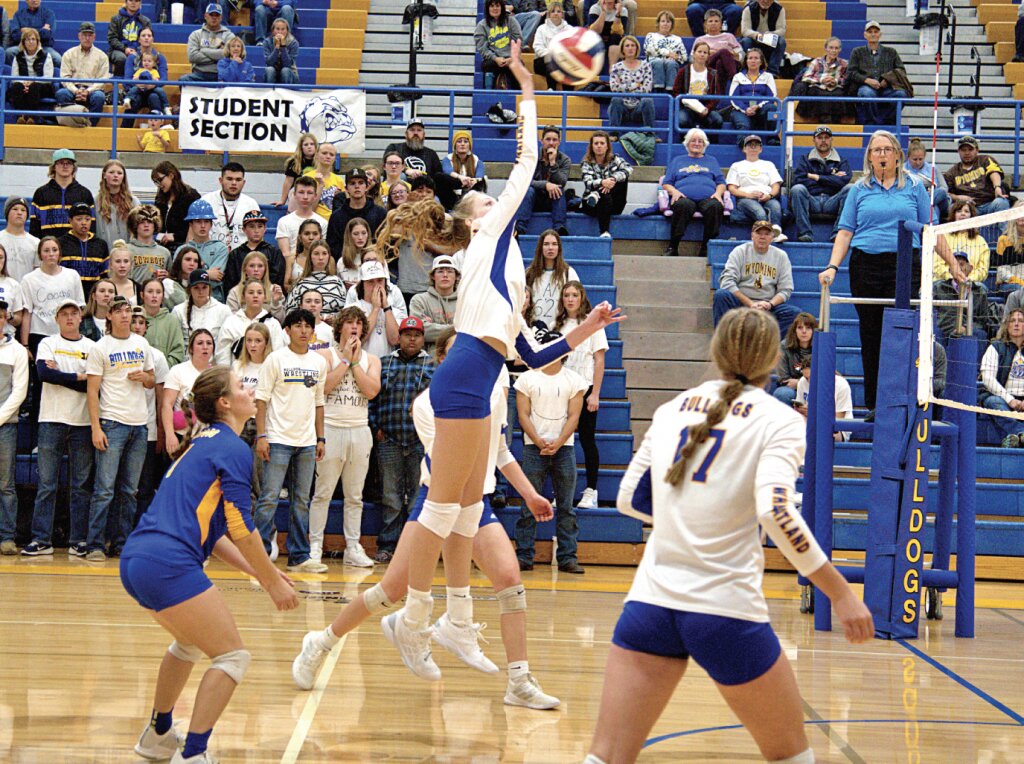 Senior middle hitter, Anna Matthews attacks the net versus Douglas on Thursday night at home.

Douglas faces a double block at the net while junior Lily Nichols is in position for a return.

Stephanie Wilson/PC Record-Times