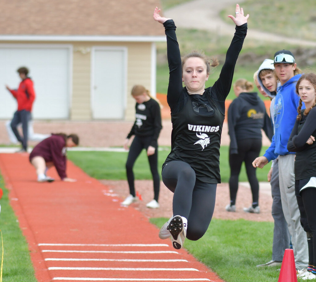 Liberty Whitebird is pictured competing at the 1A regional track meet in Torrington. Whitebird is one of eight girls who qualified for state.