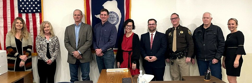 The Wheatland Board of County Commissioners were among those sworn in last week by Kayla Mantle. From left Danette Eppel, Mona McAuley, Steve Shockley, Ian Jolovich, Kristi Rietz, Malcolm Ervin, David Russell, Phillip Martin and Kayla Mantle.