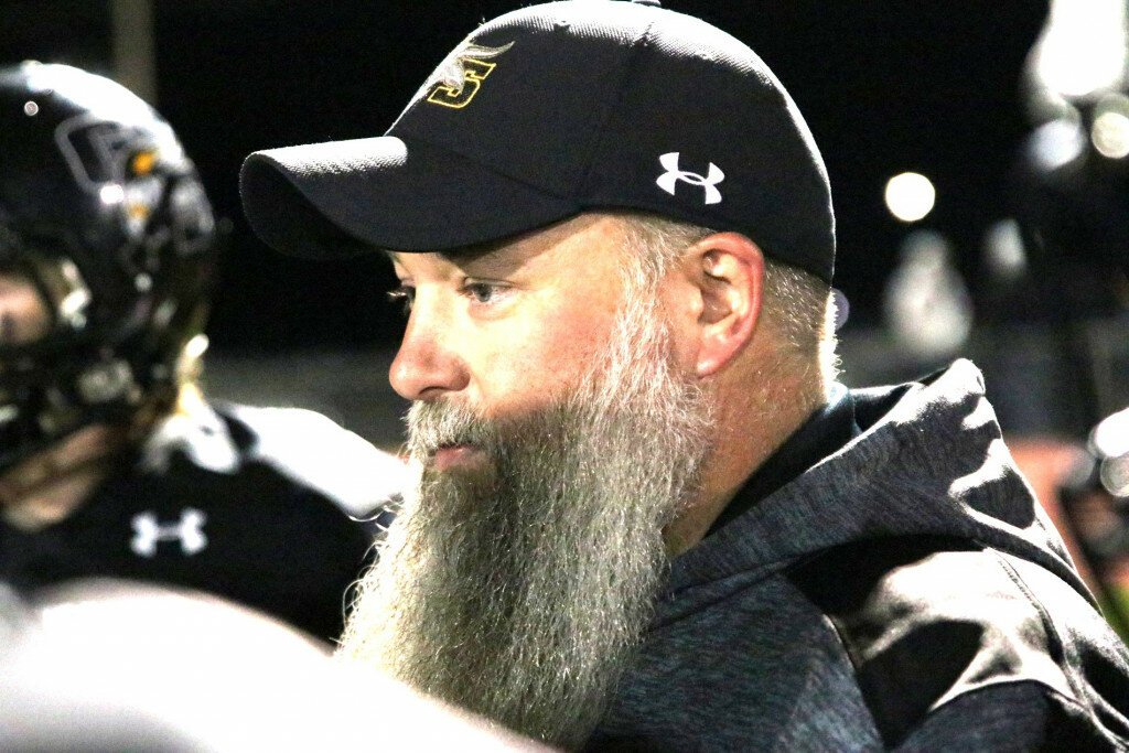 Curtis Cook who is raising his family with his wife Jennifer in Wheatland has been the head football coach at Guernsey since 2016 when he took over for Chris Link. He is the IT technician for Guernsey-Sunrise Schools and this year he not only coached junior high girls basketball but has taken over the helm for the entire girls basketball program.
Cook2:
Last year, in addition to coaching varsity football, Curtis Cook was also the boys varsity assistant coach for basketball under head coach Taylor Dick. Here he is seen coaching the boys JV team against Glendo last January.
