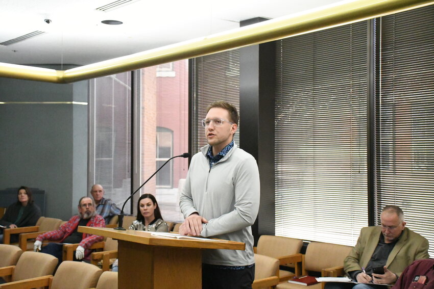 Rocco O’Neill, the City of Evanston’s community development director, requests county support from the commissioners for a half-cent tax ballot initiative. The tax would be used for economic development purposes only, and the commissioners agreed to support the measure.