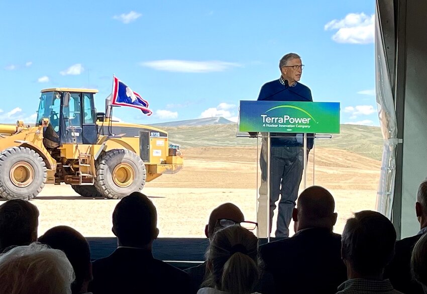 Microsoft billionaire and TerraPower founder Bill Gates addresses a crowd of about 300 on June 10, 2024 to mark the beginning of construction for the Natrium nuclear power plant just outside Kemmerer, Wyoming.