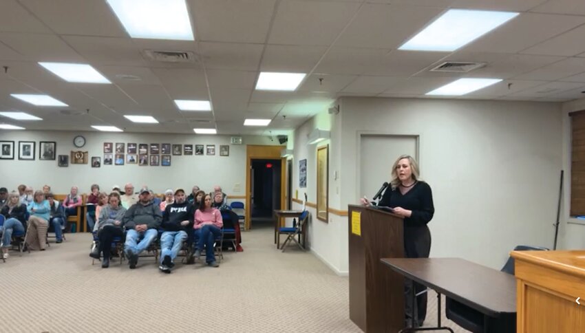 Brittany Ritter, Director of Prevention Services for Lincoln County, presents statistics highlighting public safety concerns during the March 10 Kemmerer City Council Meeting. Ritter spoke in opposition of repealing or modifying the city’s open container policy.