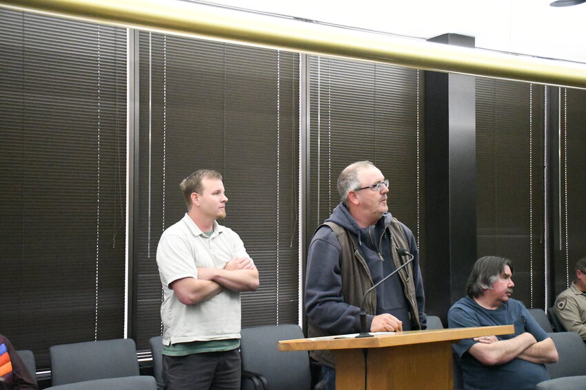 During the April 1 county commission meeting, Skylar Peterson, left, of Fort Bridger, requested the commissioners revisit a previous denial for private access off of HWY 229 for a home he's currently building.  Uinta County Road and Bridge Foreman Dustin Henstra, right, spoke about the difficulties of snow removal from the area of access Peterson was seeking. "It would cause a lot more havoc for me," Henstra said. After the commissioners requested professional input from County Planner Kent Williams, they decided to approve Peterson's appeal.