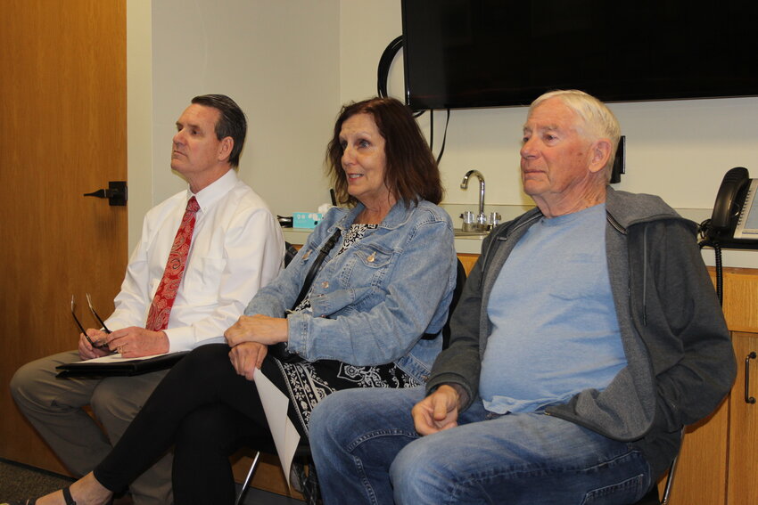 Uinta Senior Center Executive Director Glenn Roach and USC board members Amelia Rutner and David St. Priest speak to the Evanston City Council at the April 8 work session to request financial help for the center.