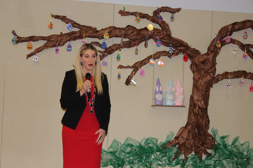 Wyoming Superintendent of Public Instruction Megan Degenfelder addresses the crowd gathered at Horizon Junior and Senior High School for Degenfelder’s Tour of Excellence event on Monday, April 7.