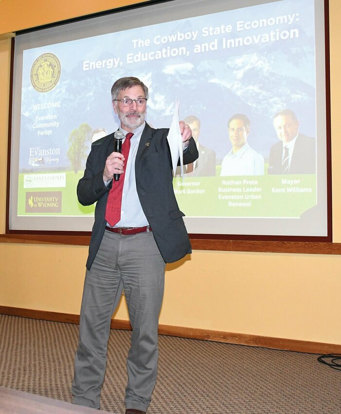 Wyoming Gov. Mark Gordon speaks during a forum in Evanston in November 2024. Gordon will be in Kemmerer next week to participate in a suicide prevention town hall.