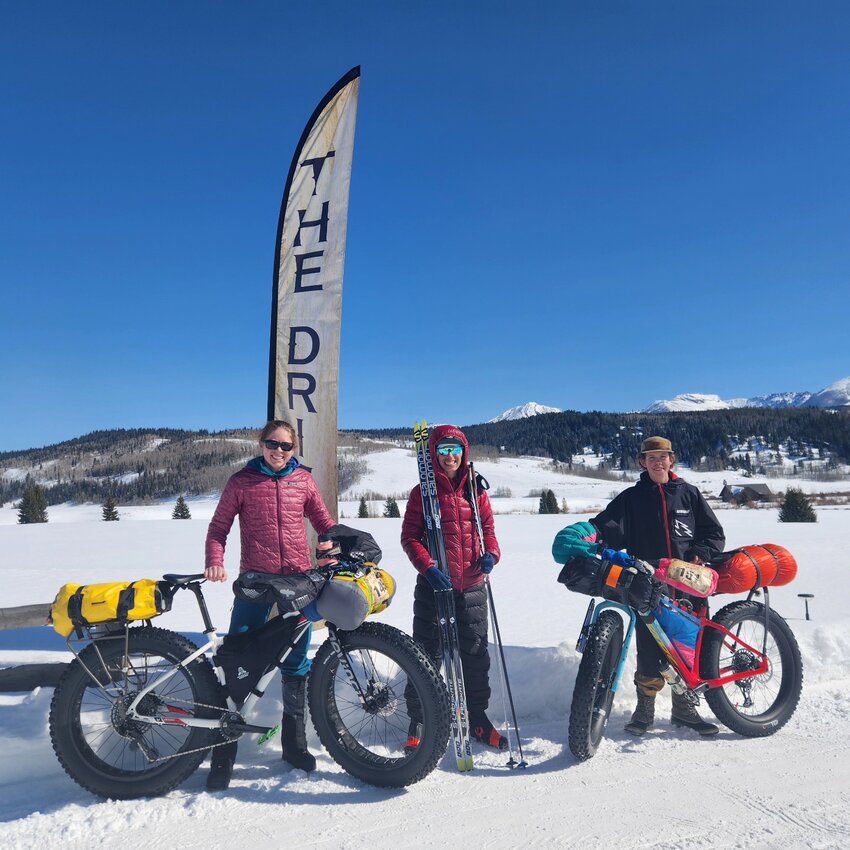 Shalane Frost, center, is the first female and female skier to finish The Drift 100 in overall first place; Edyn Teitge, right, earned first place in the male biker category and second place overall and, at age 14, is the youngest athlete to finish The Drift 100; and Ginny Robbins, left, finished as the female bike champion and in third place overall. Robbins is also the first racer to finish The Drift 100 on foot, skis and now bike, and she’s won first place in each discipline. 