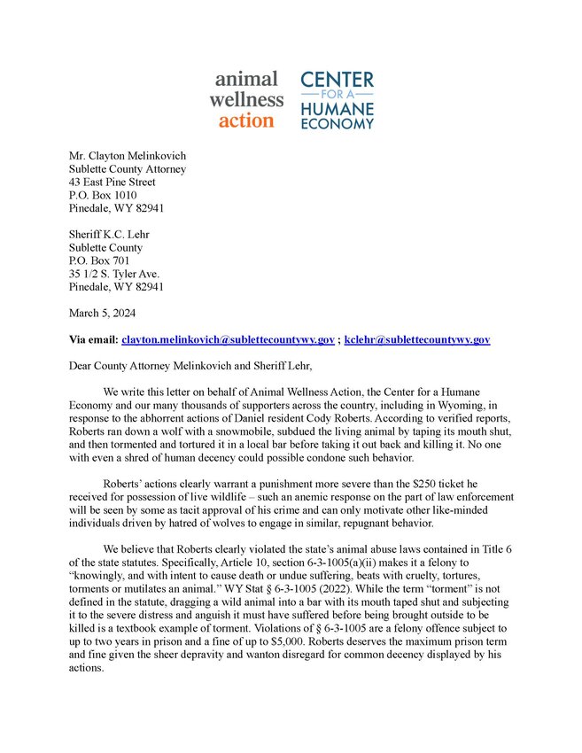 Page 1 of the 2-page letter sent by animal welfare groups to Sublette County Attorney Clayton Melinkovich and Sublette County Sheriff KC Lehr.