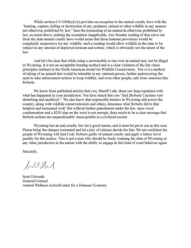 Page 2 of the 2-page letter sent by animal welfare groups to Sublette County Attorney Clayton Melinkovich and Sublette County Sheriff KC Lehr.