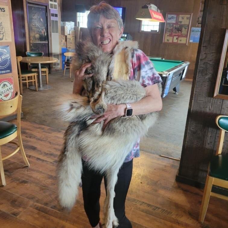 Jeanne Ivie Roberts, a bartender at the Green River Bar in Daniel and the aunt of Cody Roberts instigates further fury toward her family as she poses inside the bar with what appears to be the pelt of the tortured wold draped over her shoulders. She posted this photo to her Facebook in recent days.