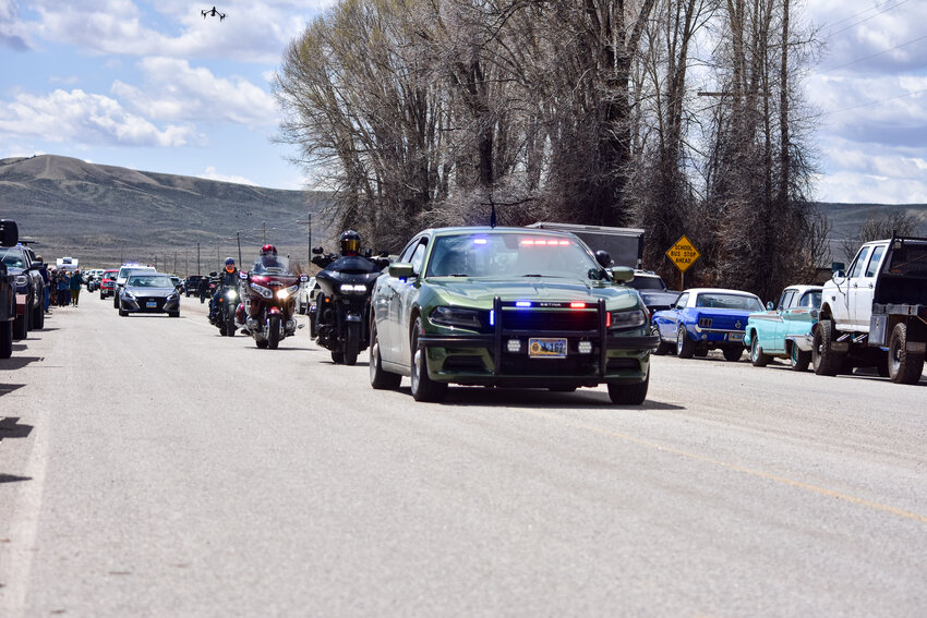 The Wyoming Highway Patrol escorts the Hogs for Hope riders and supporters through Daniel on Sunday, May 26. Right as the group rode up to town, their GoFundMe hit $130,000 and has since surpassed it. 
