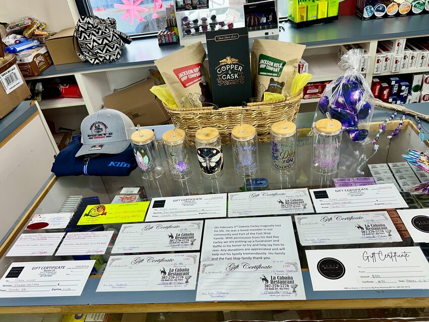 Everyone who donates $20 or more to the fundraiser at Fast Stop in Big Piney is automatically entered into a raffle to win prizes generously donated by local businesses.