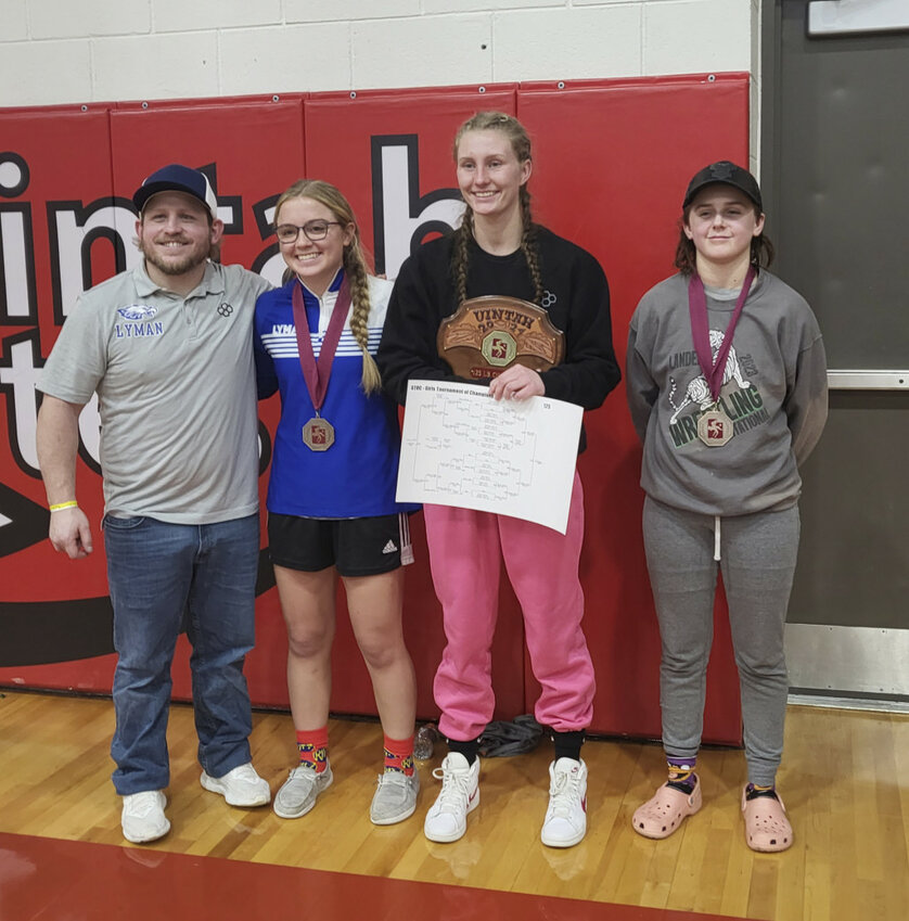 Pictured are the LHS Lady Eagles who placed at the TOC recently with their coach (l to r): Coach Damon Mele, Karly Sabey, Eliza Glegg and Rhaychel Cole. COURTESY PHOTO Mica Lamoreaux