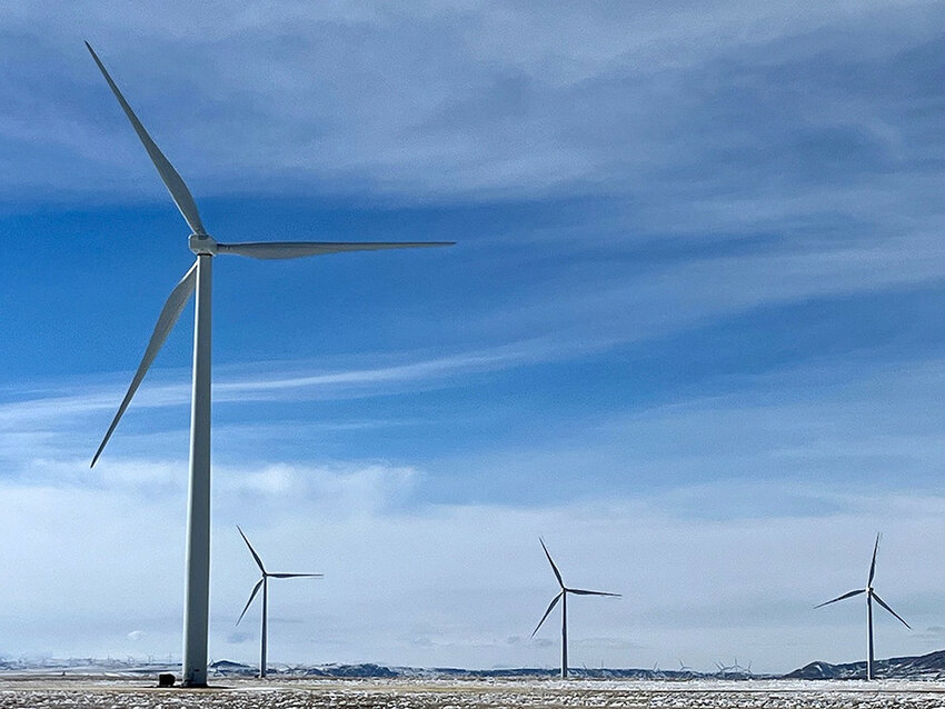 Wind turbines north of Medicine Bow are pictured on Feb. 9. (WYOFILE/Dustin Bleizeffer)
